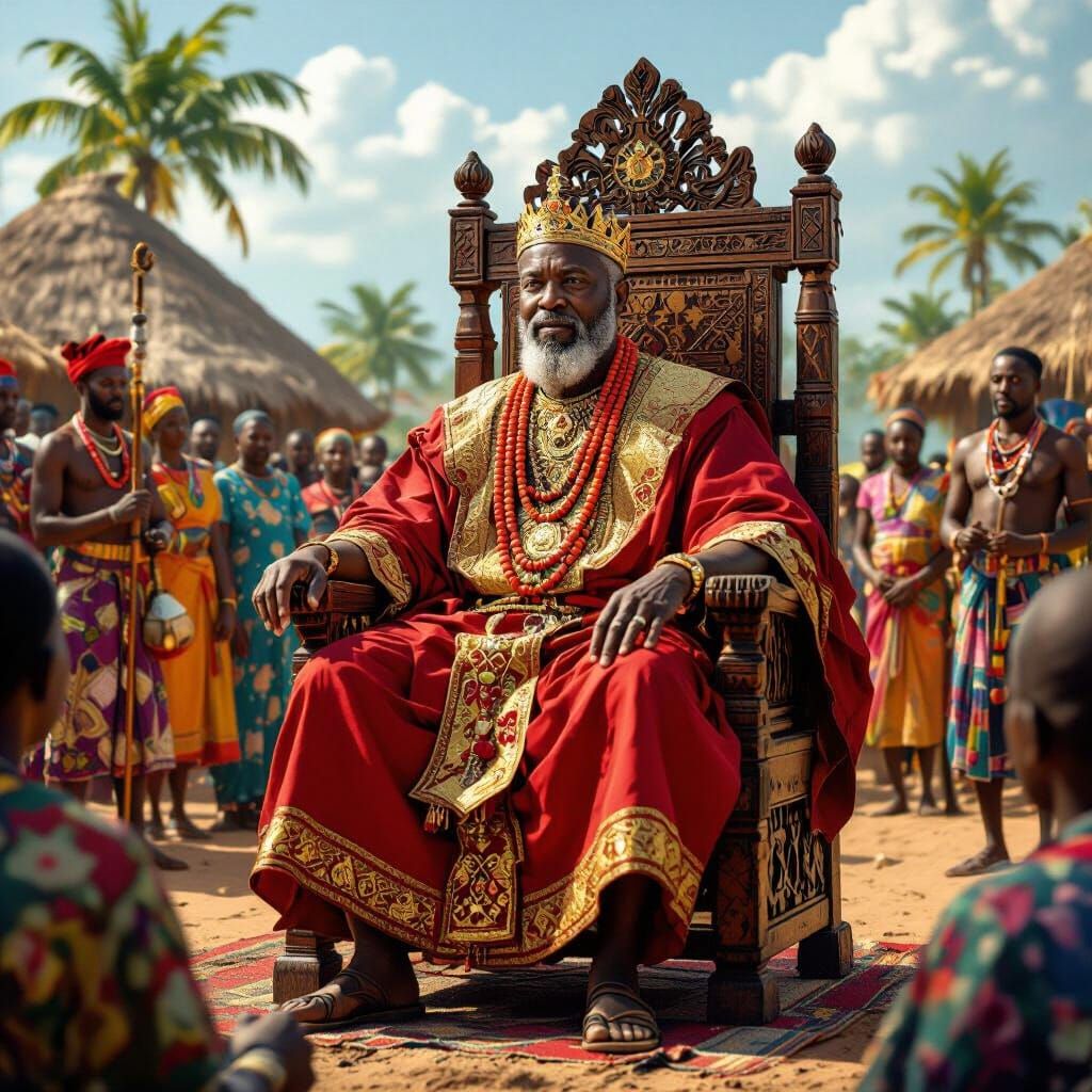 Nigerian King in Royal Attire, Sun-Drenched Village Scene