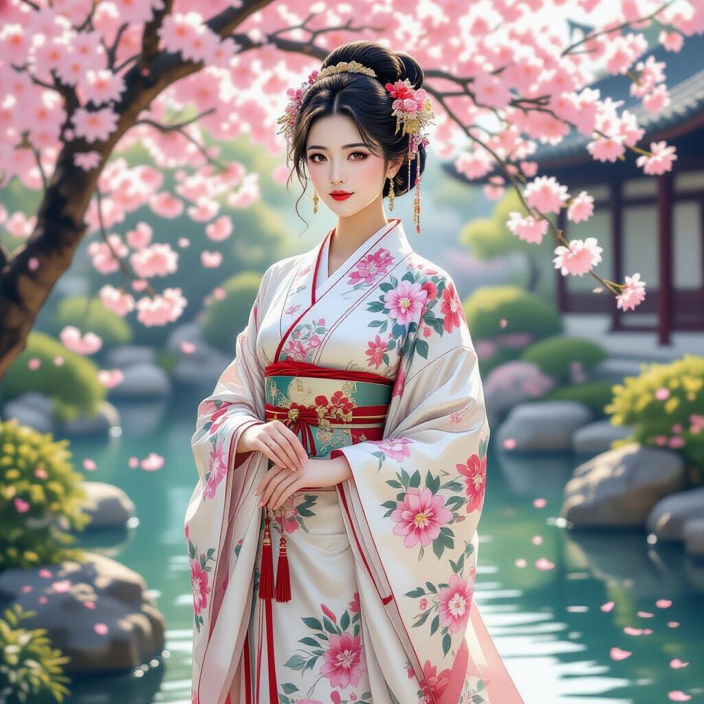 Elegant Chinese Lady in Blossom Garden