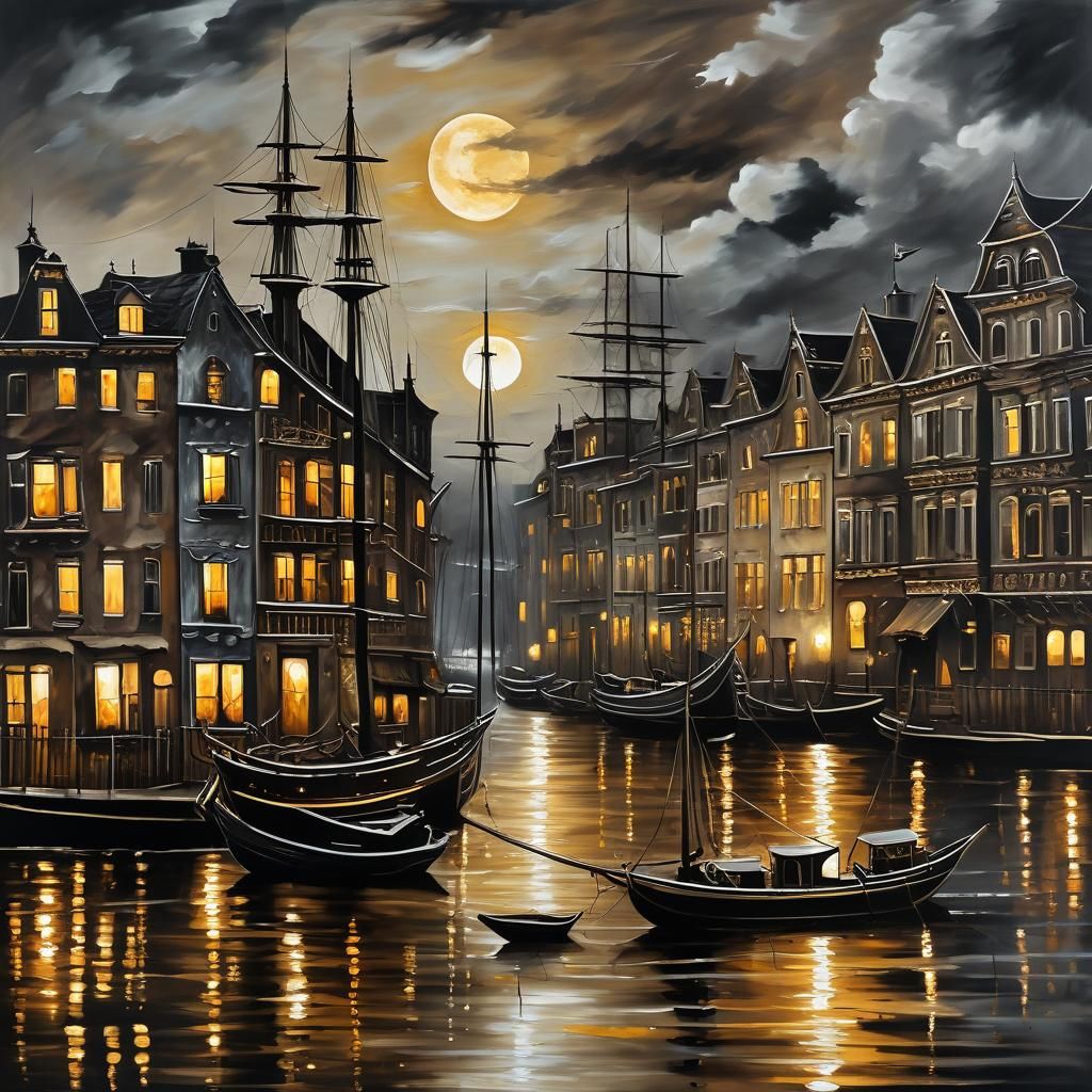 expressionism canvas painting, dark brown silver and gold wi...