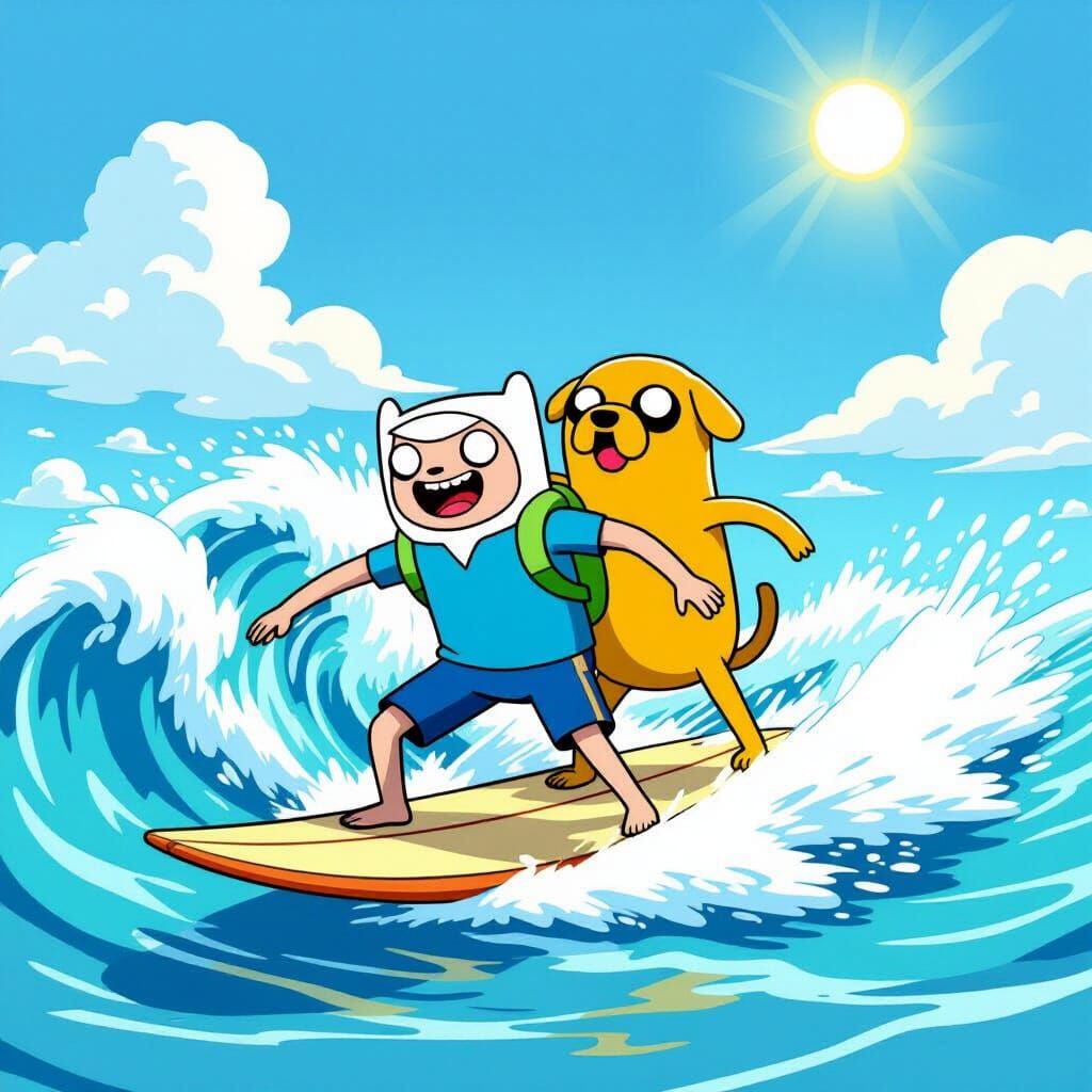 Finn and Jake Surfing a Sunny Ocean Wave in Cartoon Style