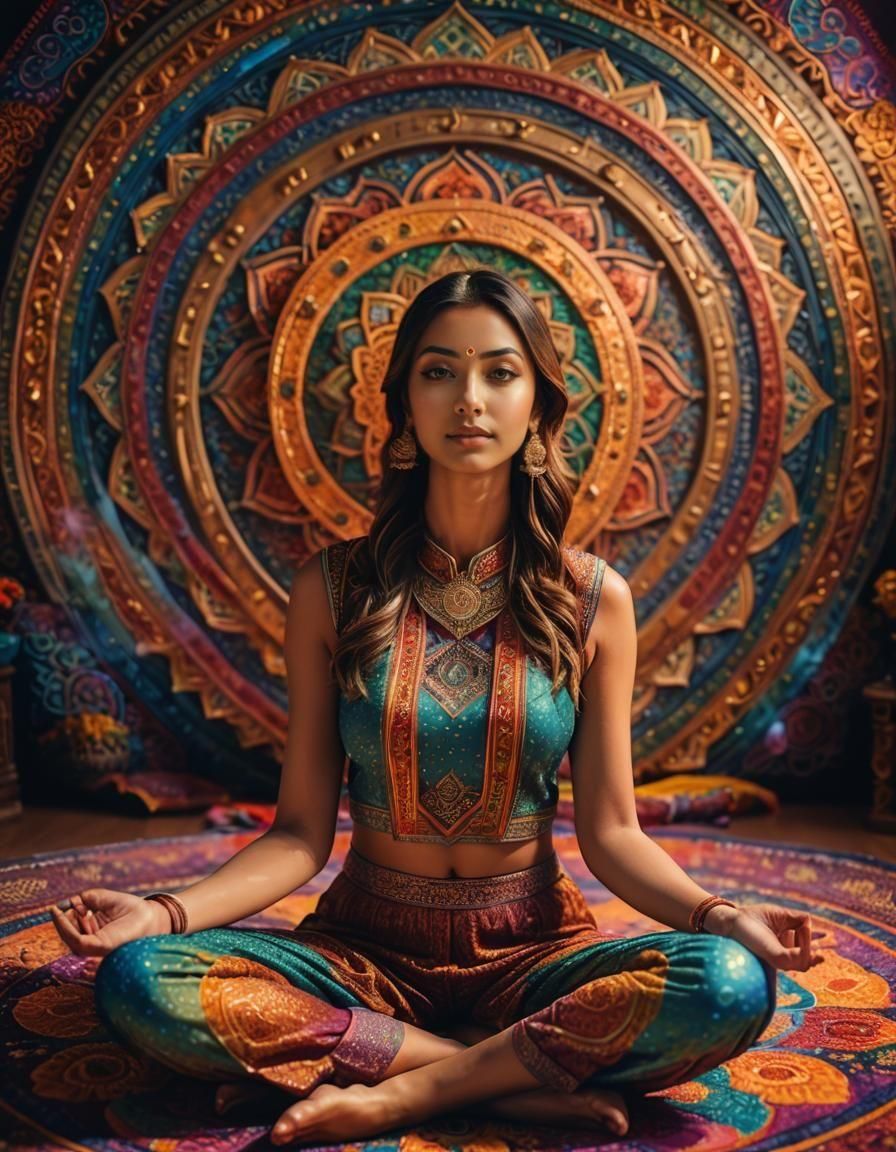 Transcendent Girl in Lotus Pose with Chakras