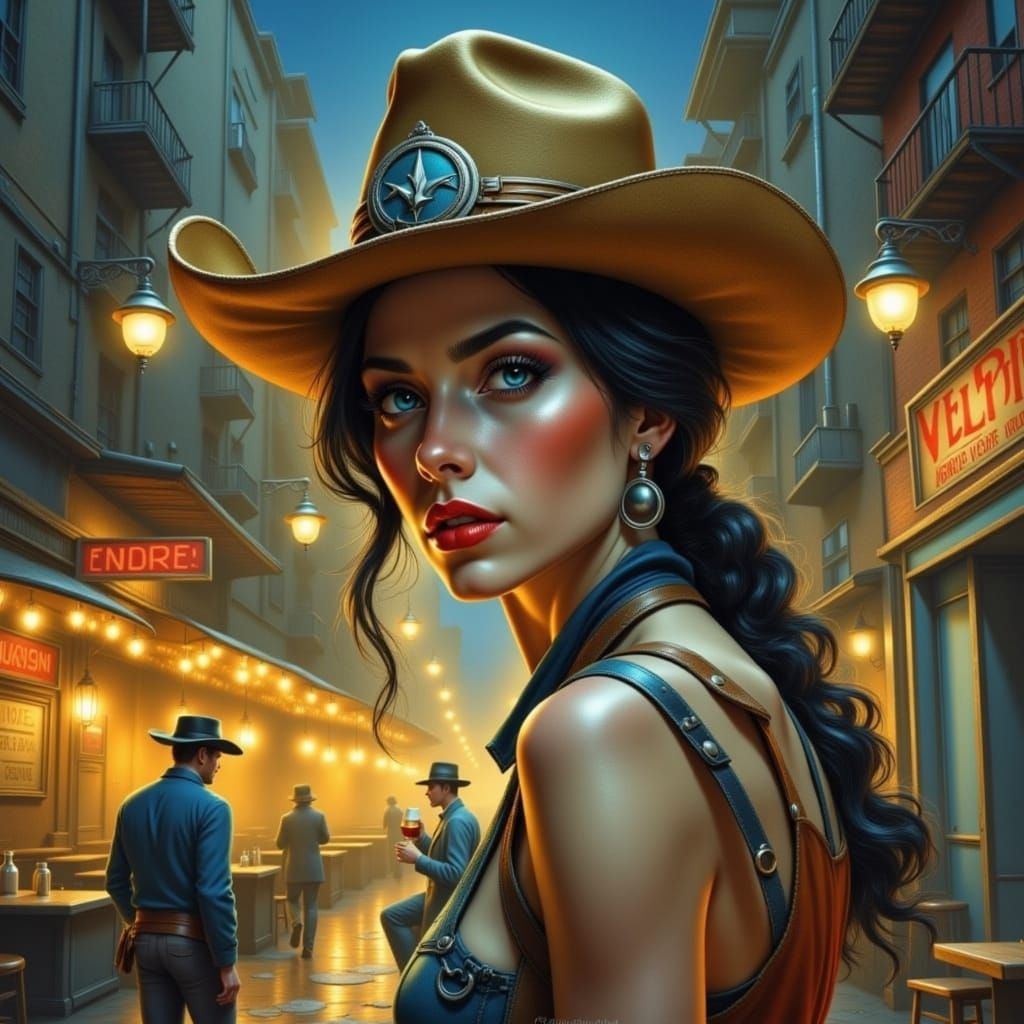 Sultry Cowgirl in Dark Fantasy Tavern Scene