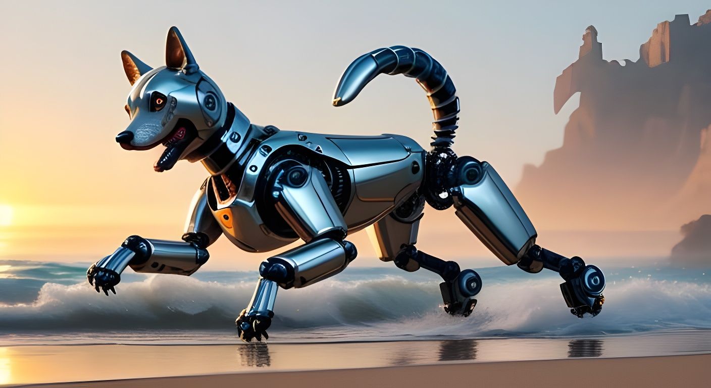 Robotic Dogs Play on Beach at Sunrise