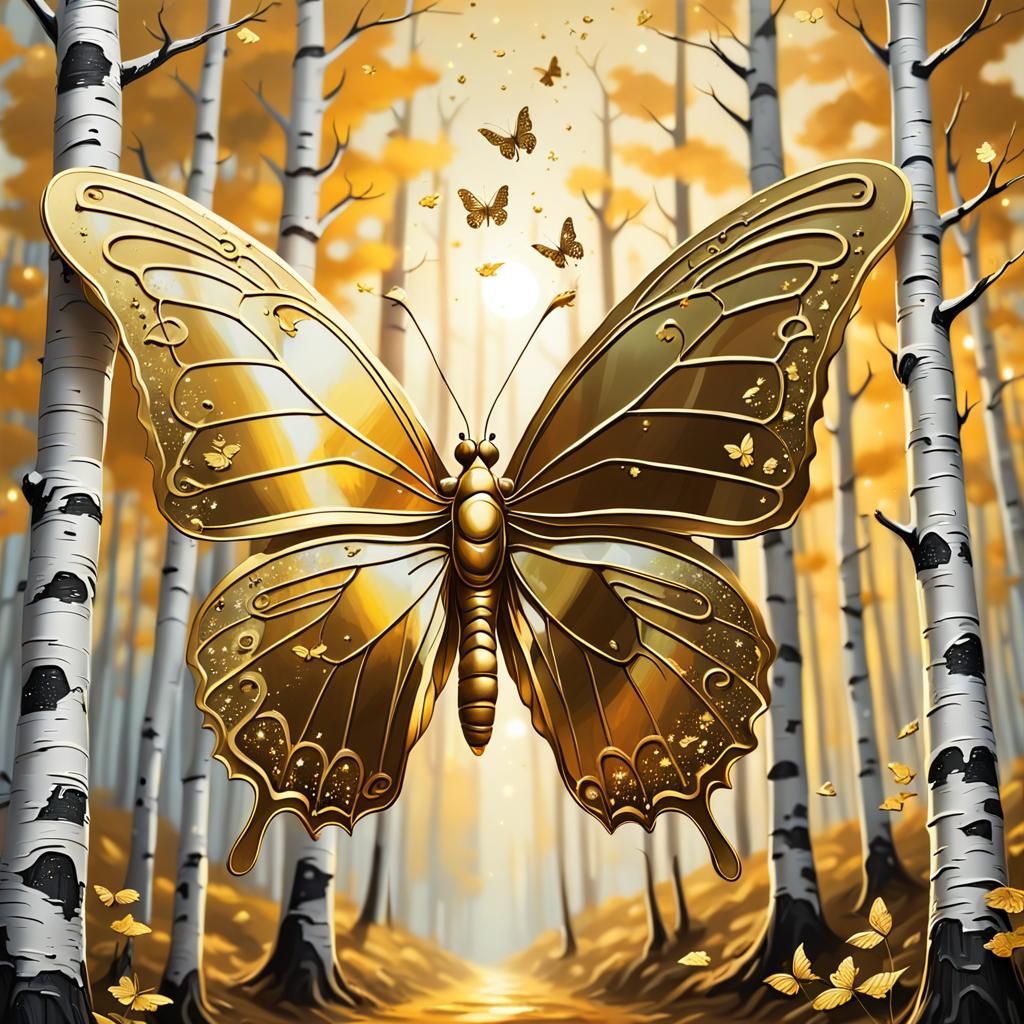 Golden Butterfly in Birch Forest: Graffiti Art