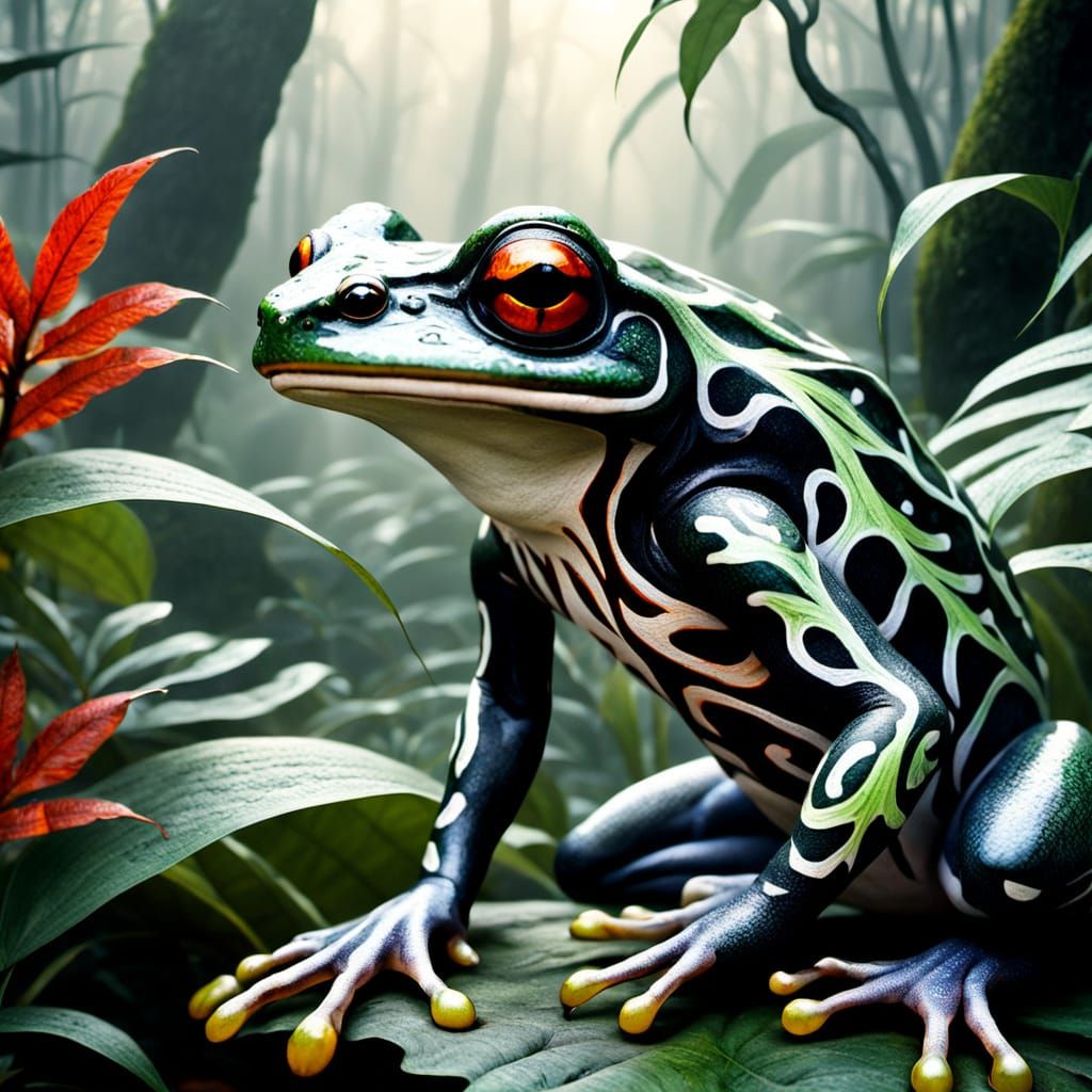Surreal Jungle Frog with Iridescent Leaf Patterns