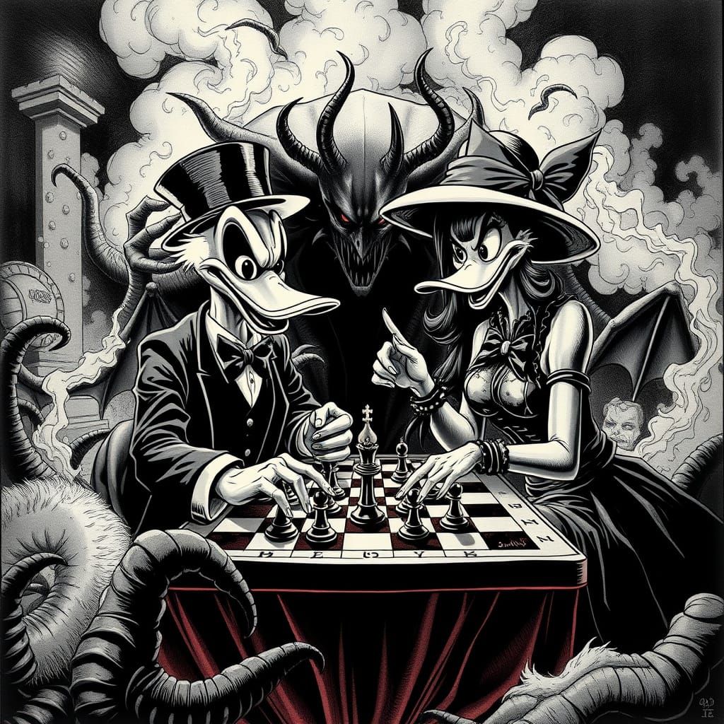 Ducks Playing Chess in Hellish Retro-Futuristic Comic Style