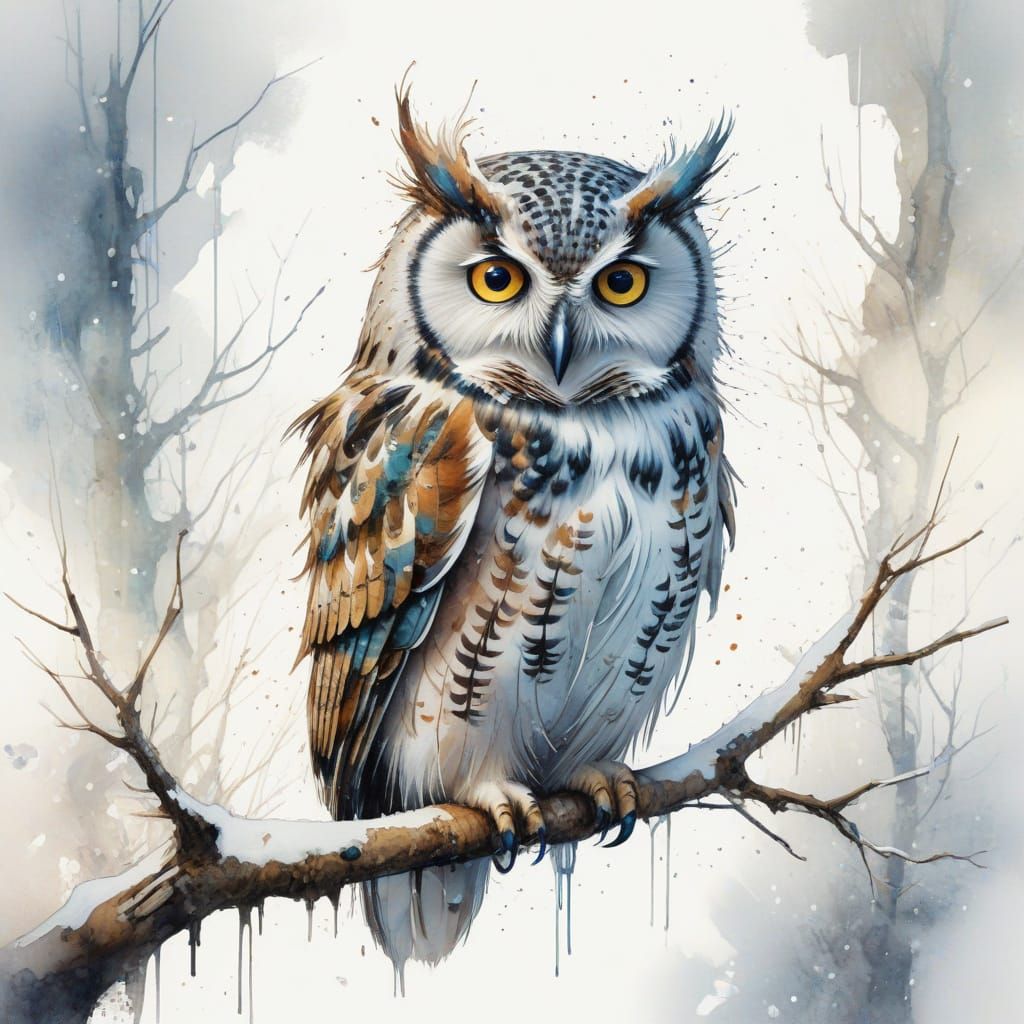 Enchanting Whimsical Snowy Owl in Watercolour