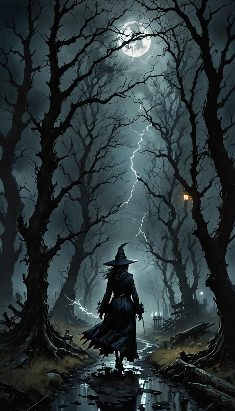 Mysterious Witch on a Dark Path at Night
