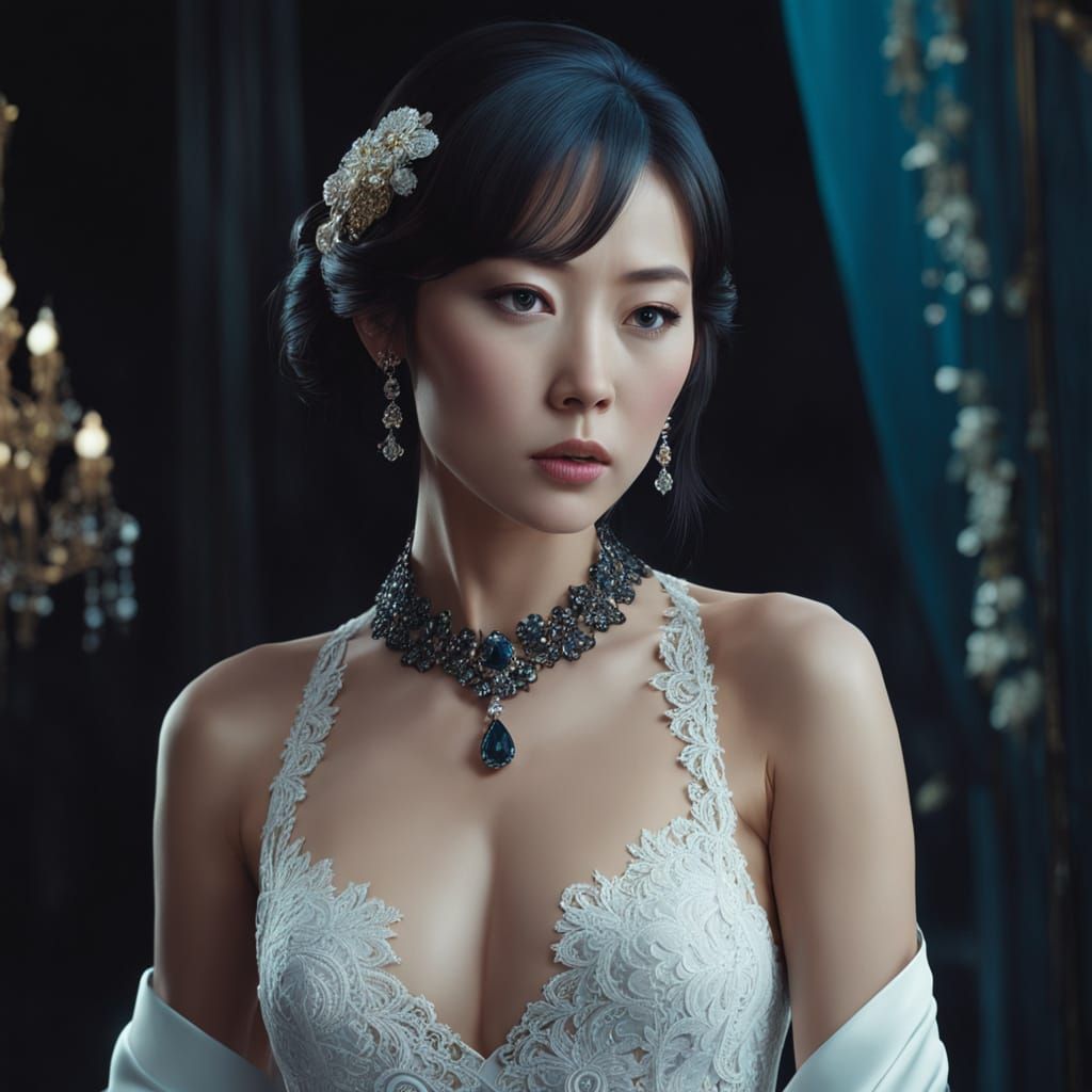 Japanese Model in Lace and Jewels with Cinematic Lighting