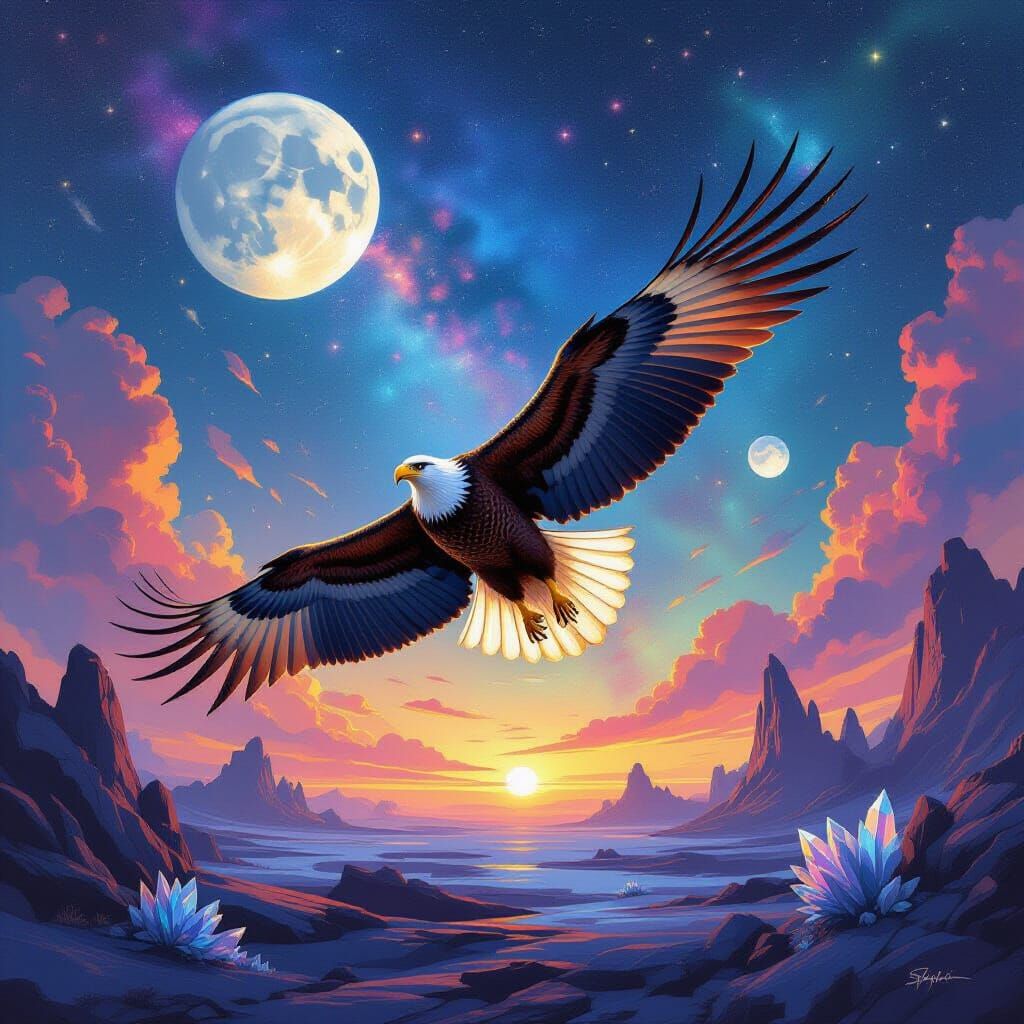 Iridescent Eagle Soaring Above Alien Landscape