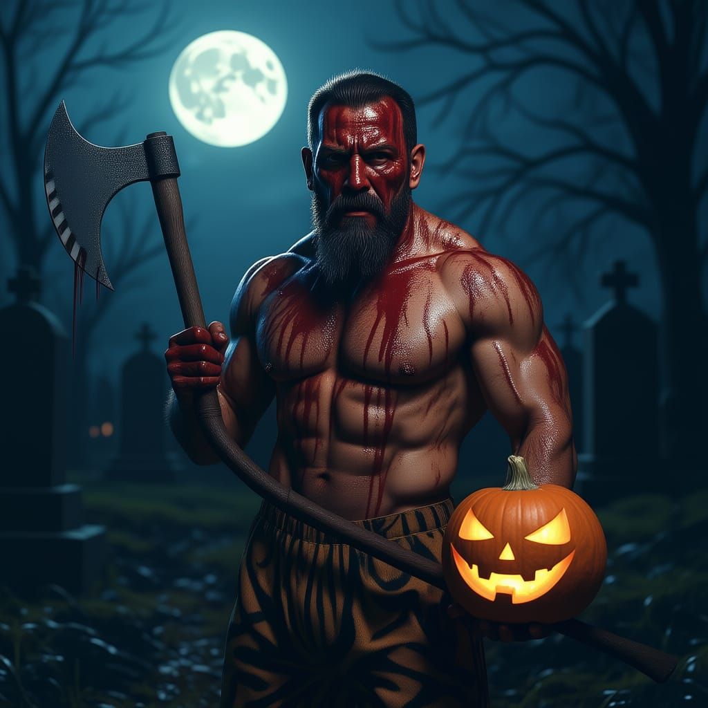 Bloody Ghost Masked Man in Cemetery at Night