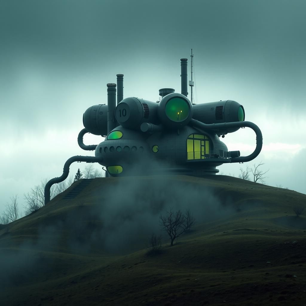 Macabre Retro-Futuristic House on a Mist-Shrouded Hill