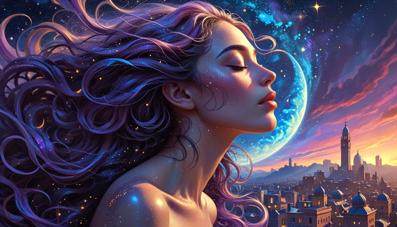 Surreal Woman's Profile Merging with Dreamlike Cityscape