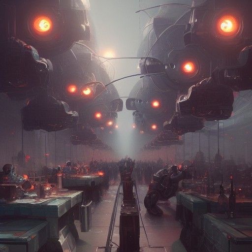 Hyperdetailed Robot Assembly Line by Greg Rutkowski