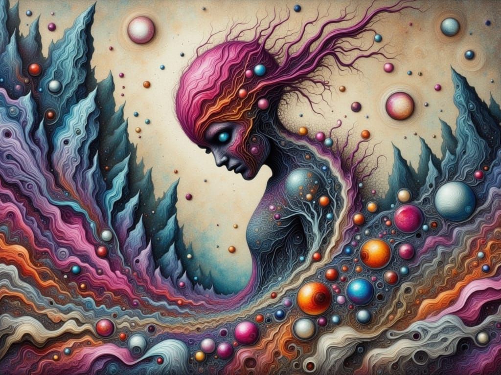 Surreal Figure Melts into Fractal Landscape