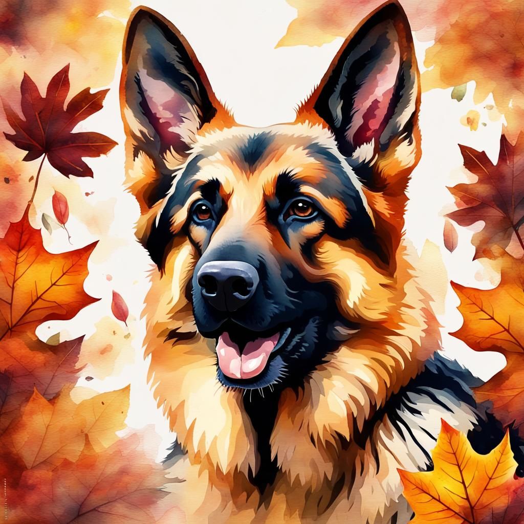 Cute Smiling German Shepherd in Watercolor Autumn