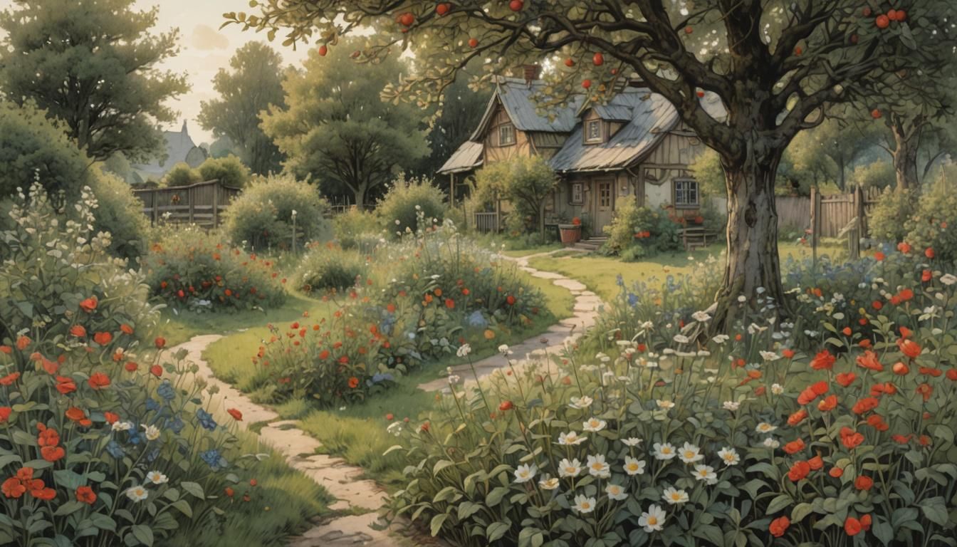 Cozy Swedish Garden with Apple Tree, Illustrated Style