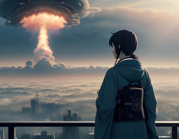 Majestic Anime Girl in Kimono, Nuclear Mushroom Cloud in Mon...