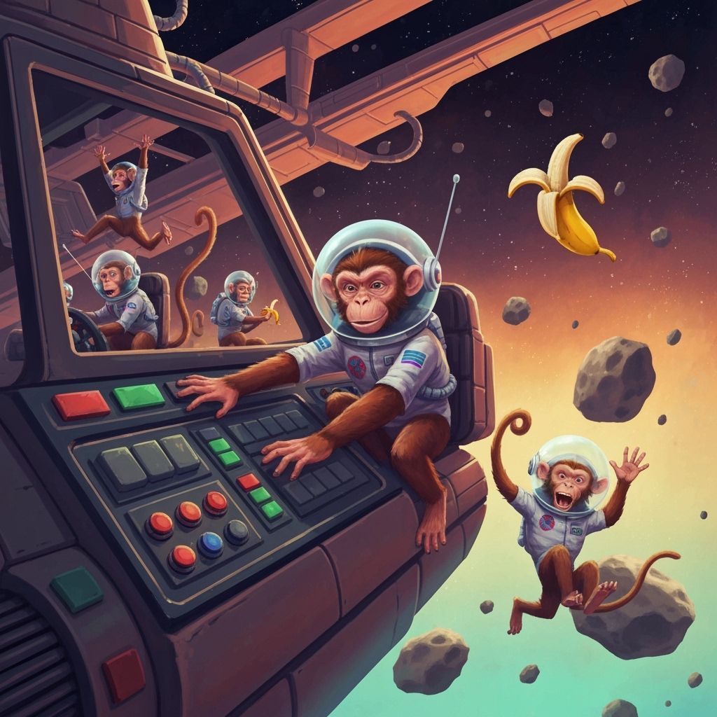 Monkeys Piloting Retro Spaceship Through Asteroid Field