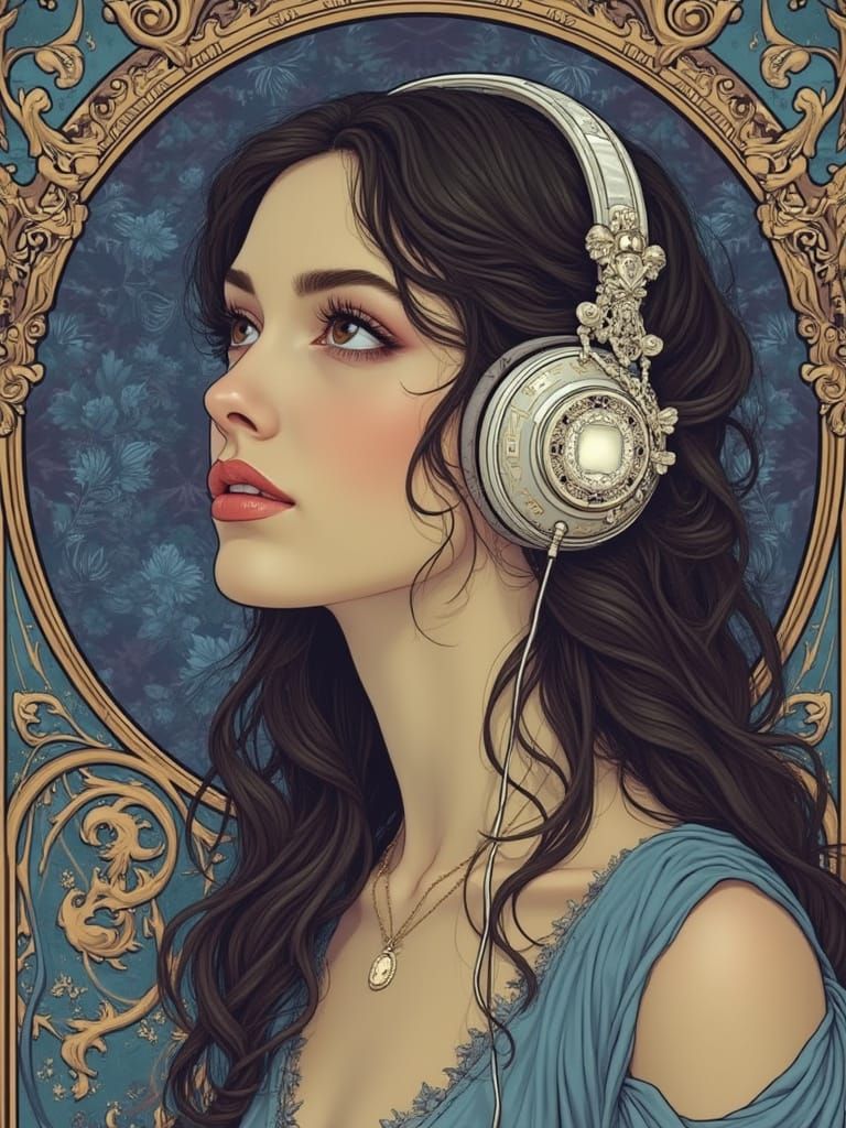 Art Nouveau Woman in Elegant Headphones