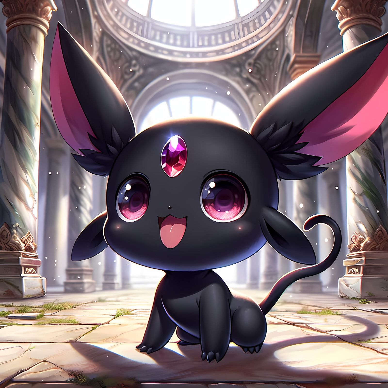 Anime-Style Black Creature in Ancient Temple