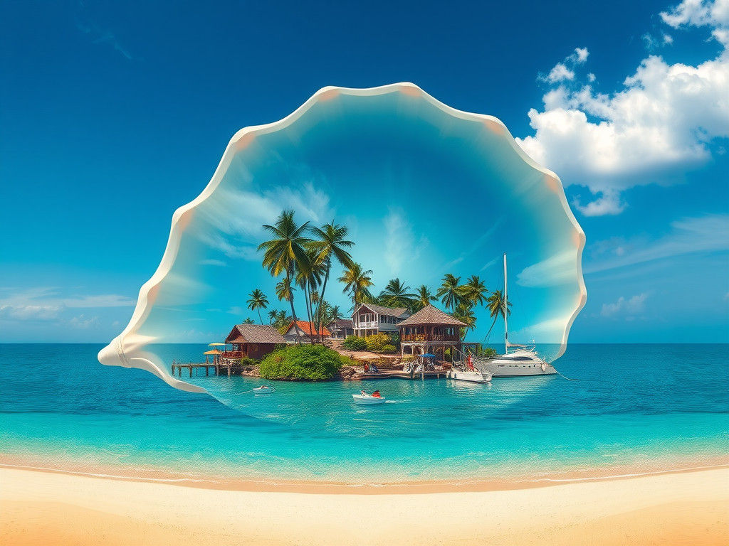 Oasis Island Merges with Conch Shell in Double Exposure