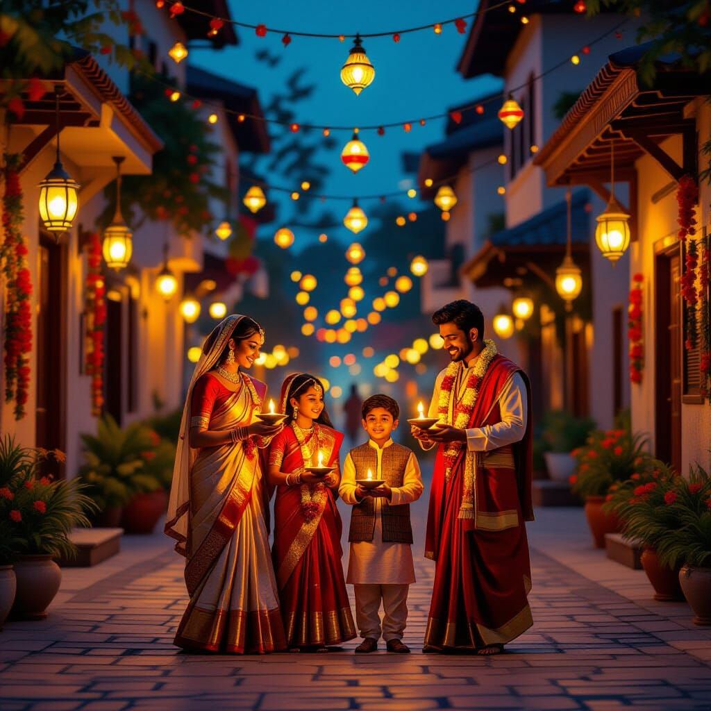 Diwali Festival Scene With Indian Family Holding Oil Lamps
