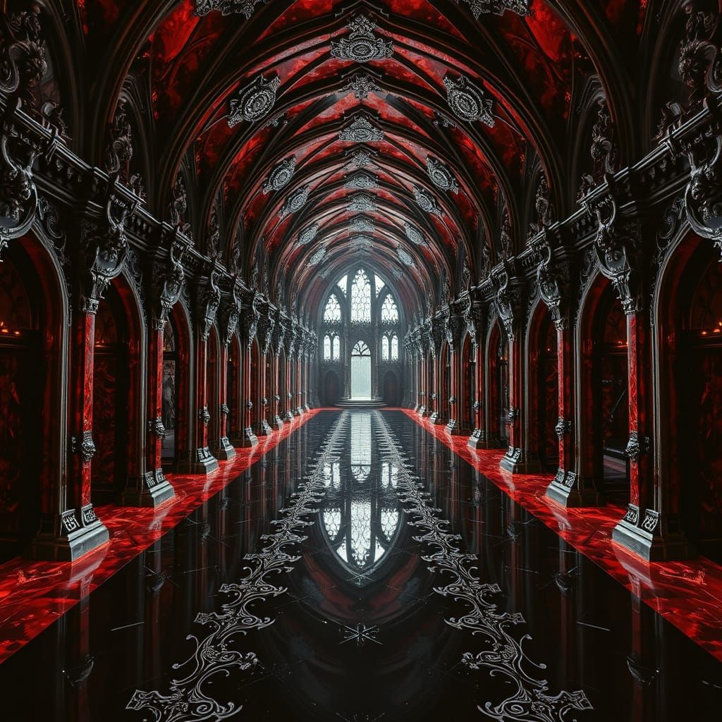 Gothic Infinity Castle with Black Glass Corridor