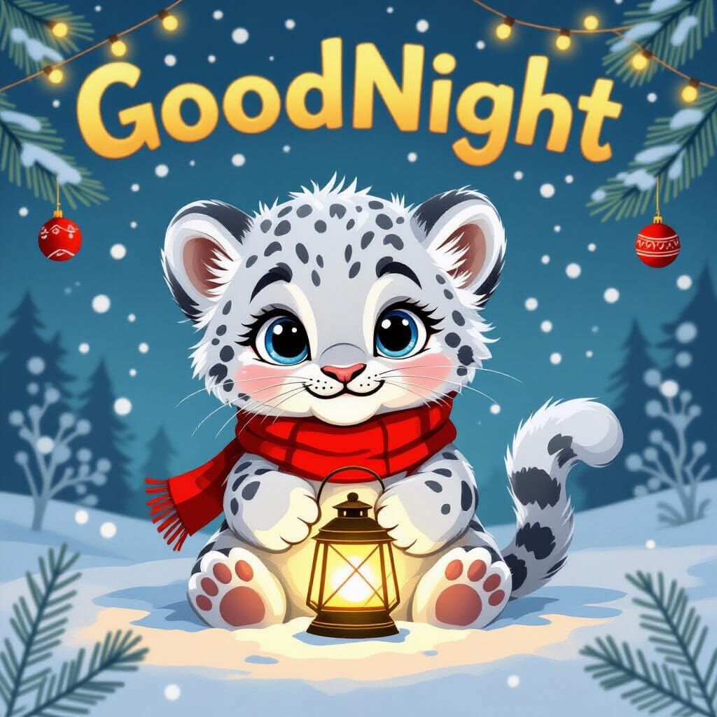 Cartoon Snow Leopard Cub with Lantern