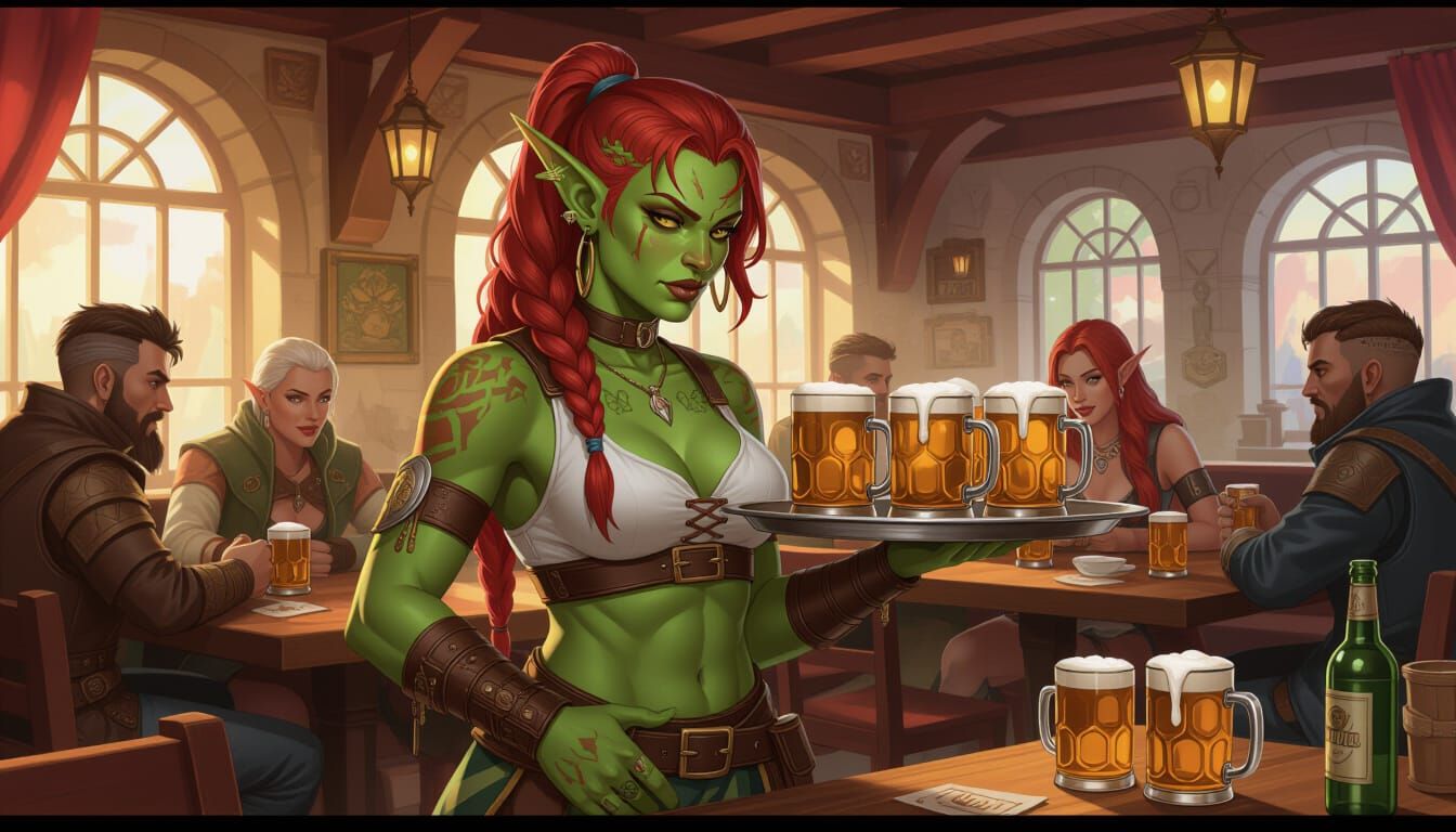 A female Half-Orc barbarian. Her hair should be dark red. Sh...