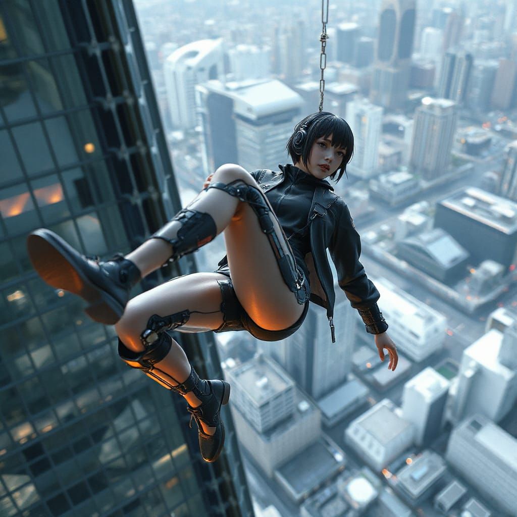 Cyborg Falls From Skyscraper in 3D Anime Style