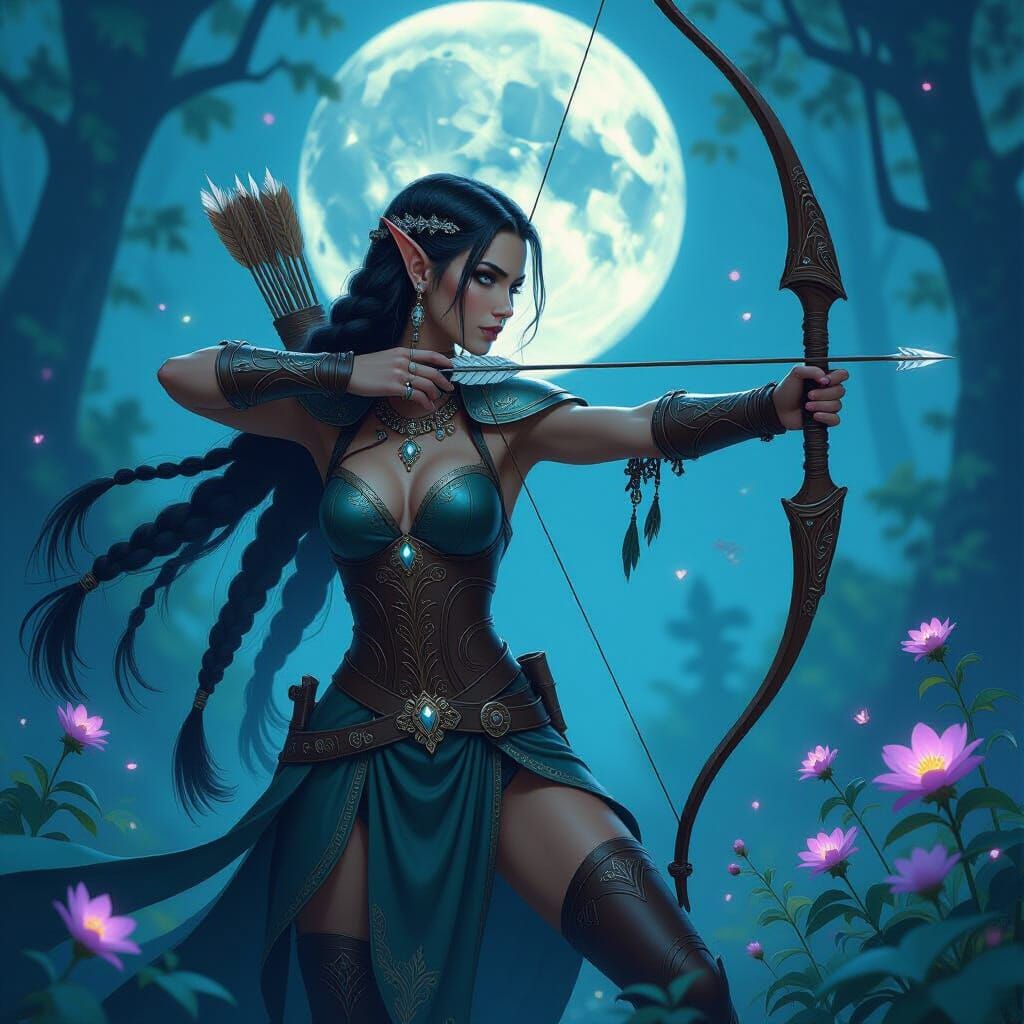 Mysterious Elven Huntress in Moonlit Forest, Art Nouveau Sty...