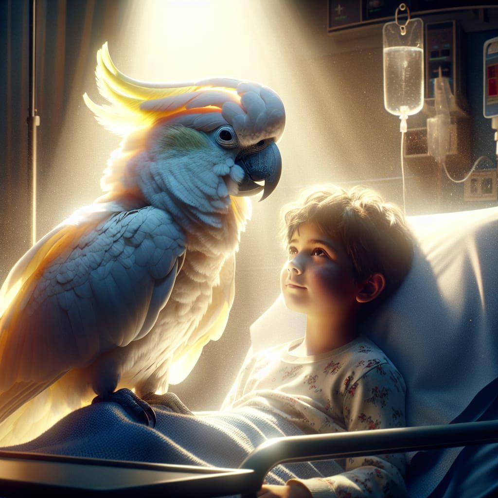Cockatoo Comforts Frail Boy in Hospital: Hyperrealistic Art