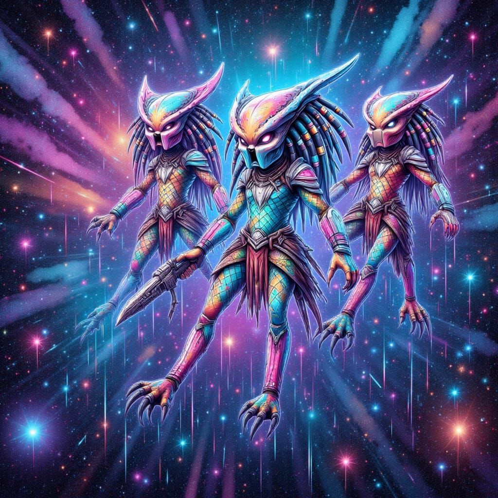 Ethereal Cosmic Beings in a Vibrant Nebula Holographic Illus...