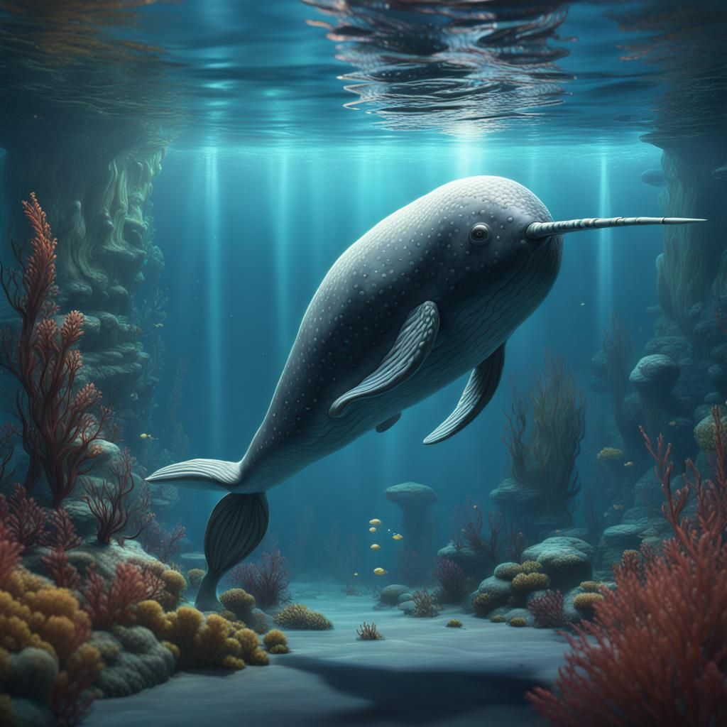 Fantastical Narwhal Underwater Scene in Deep Color
