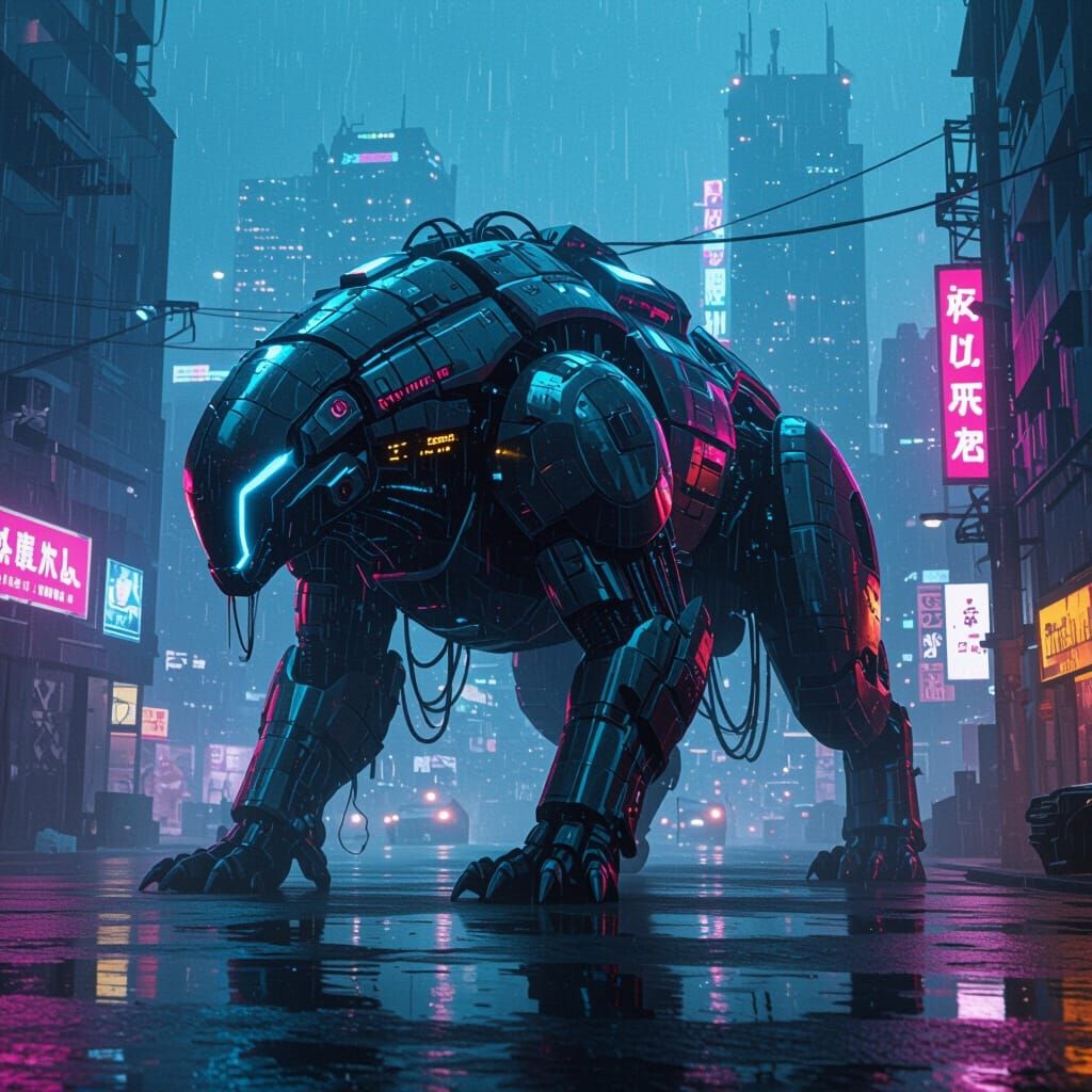Cyberpunk Beast in Neon Cityscape