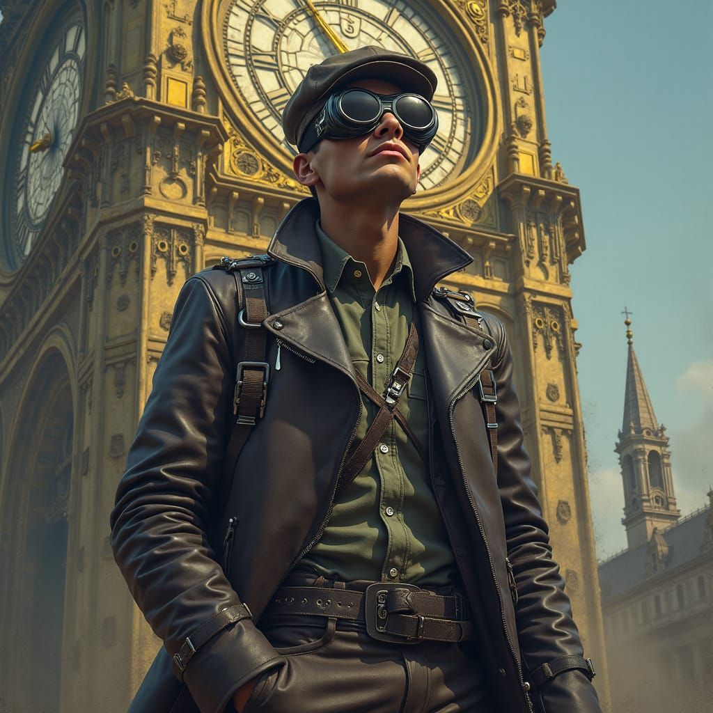 Steampunk Time Traveler at Clock Tower