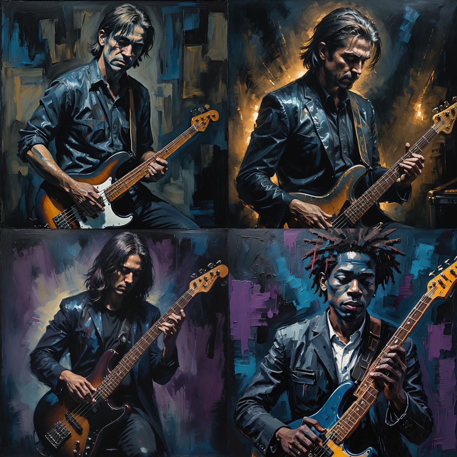 Abstract Blue and Black Bass Guitar Player