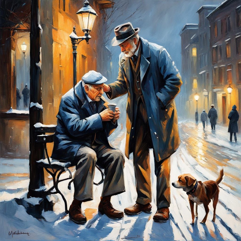 Impressionist Oil Painting of Empathy on Snowy Streets