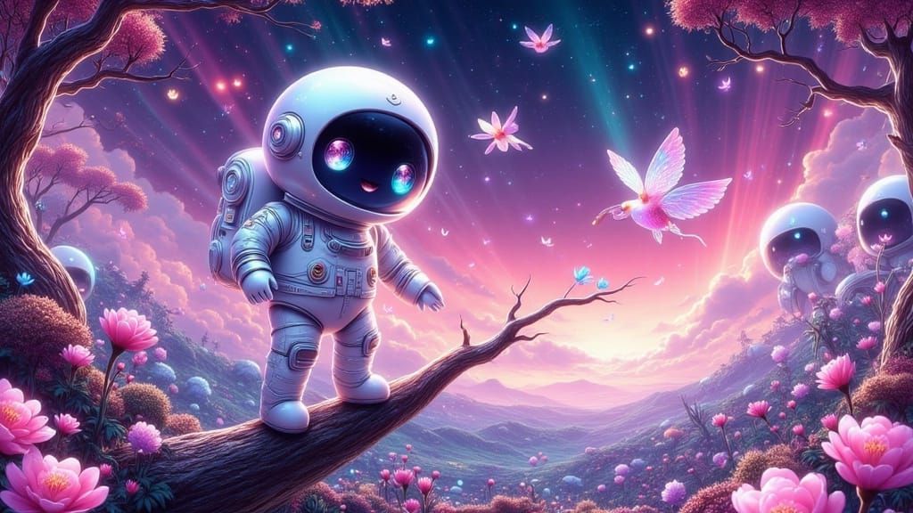 Whimsical Android Astronaut in Vibrant Alien Landscape