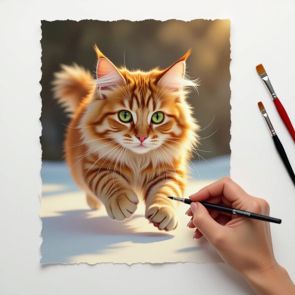 Photorealistic Cat Leaping From Page, Hyperrealistic Art