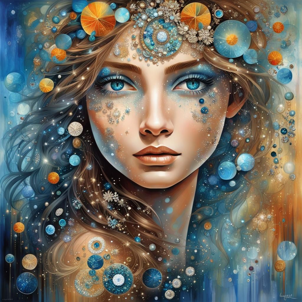 Cubist Portrait with Diamonds and Flowers