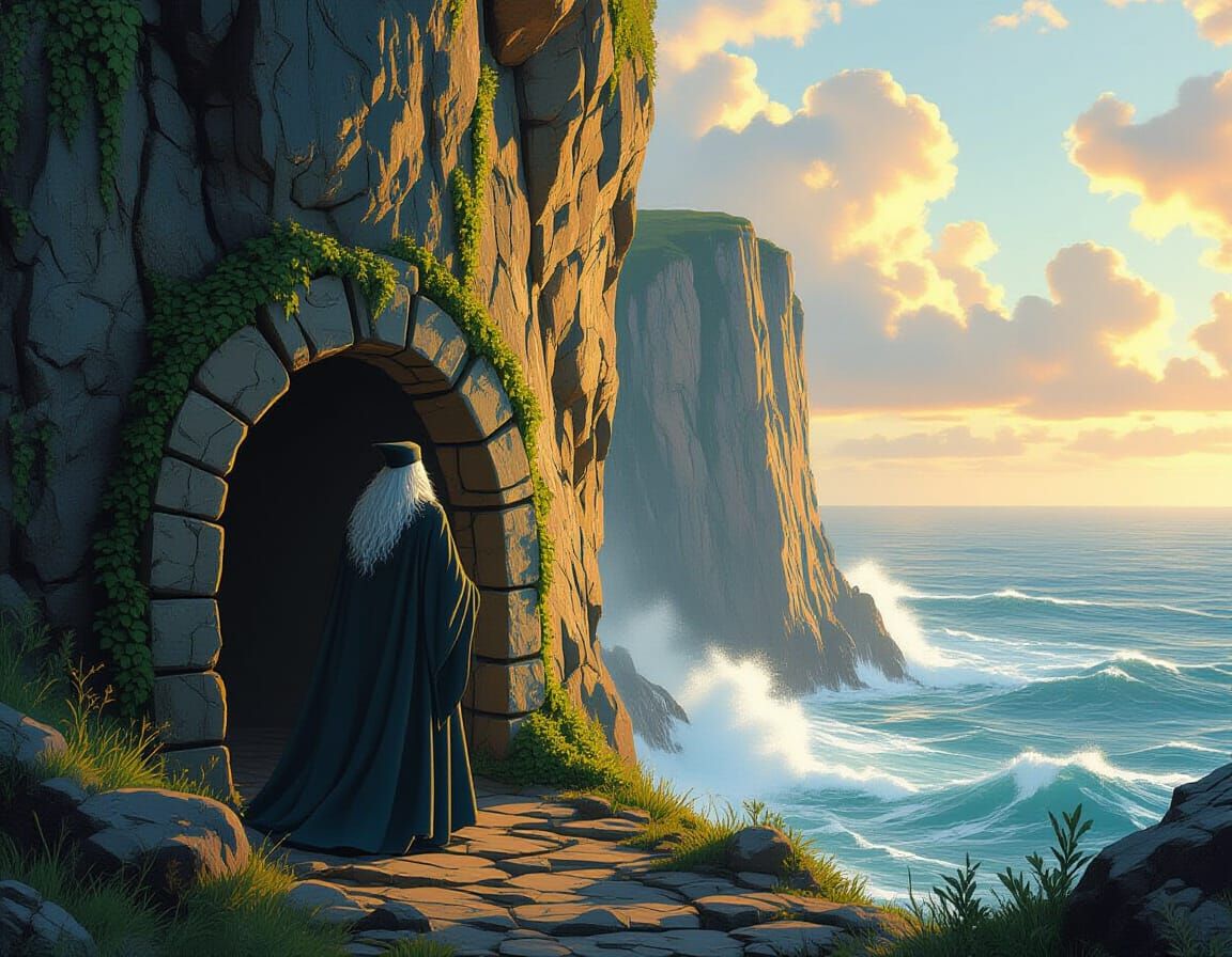 Wizard Overlooking Raging Ocean as Matte Painting