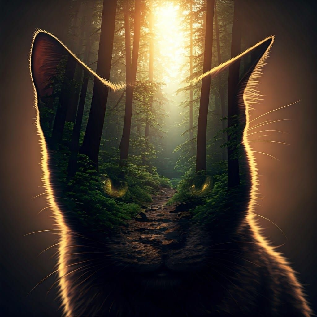 Double Exposure: Kitten Merged with Forest and Jaguar