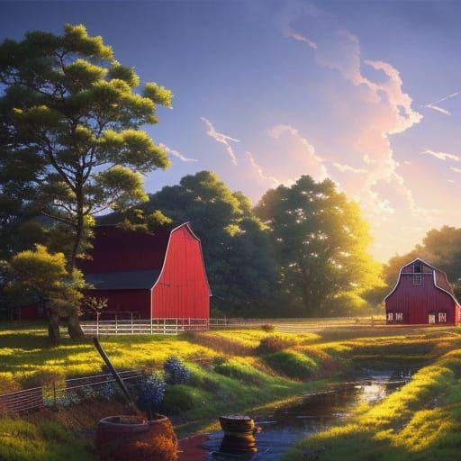 Rural Sunset Farmhouse Scene in Anime Illustration Style