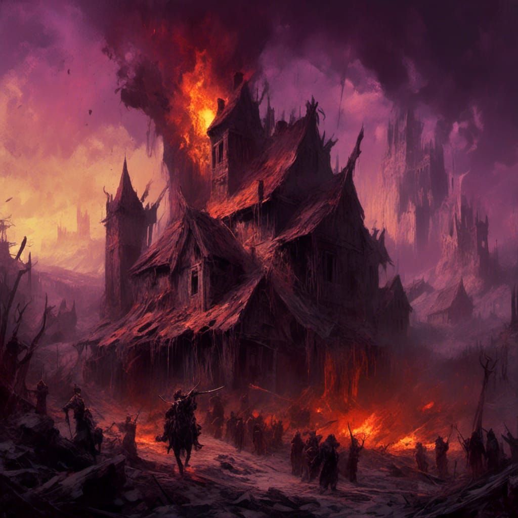 Dragons Attack Village in Dark Fantasy Concept Art