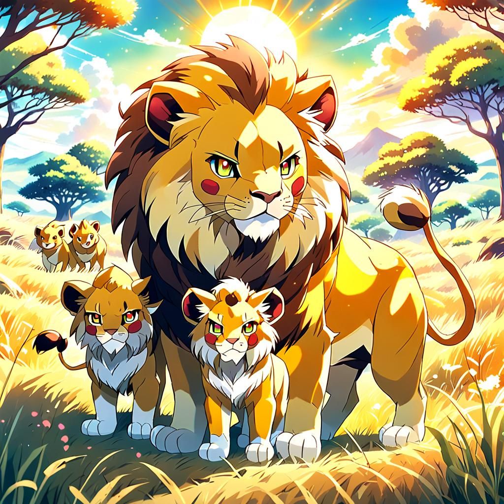 Anime Lion Pokémon with Cubs in Savannah