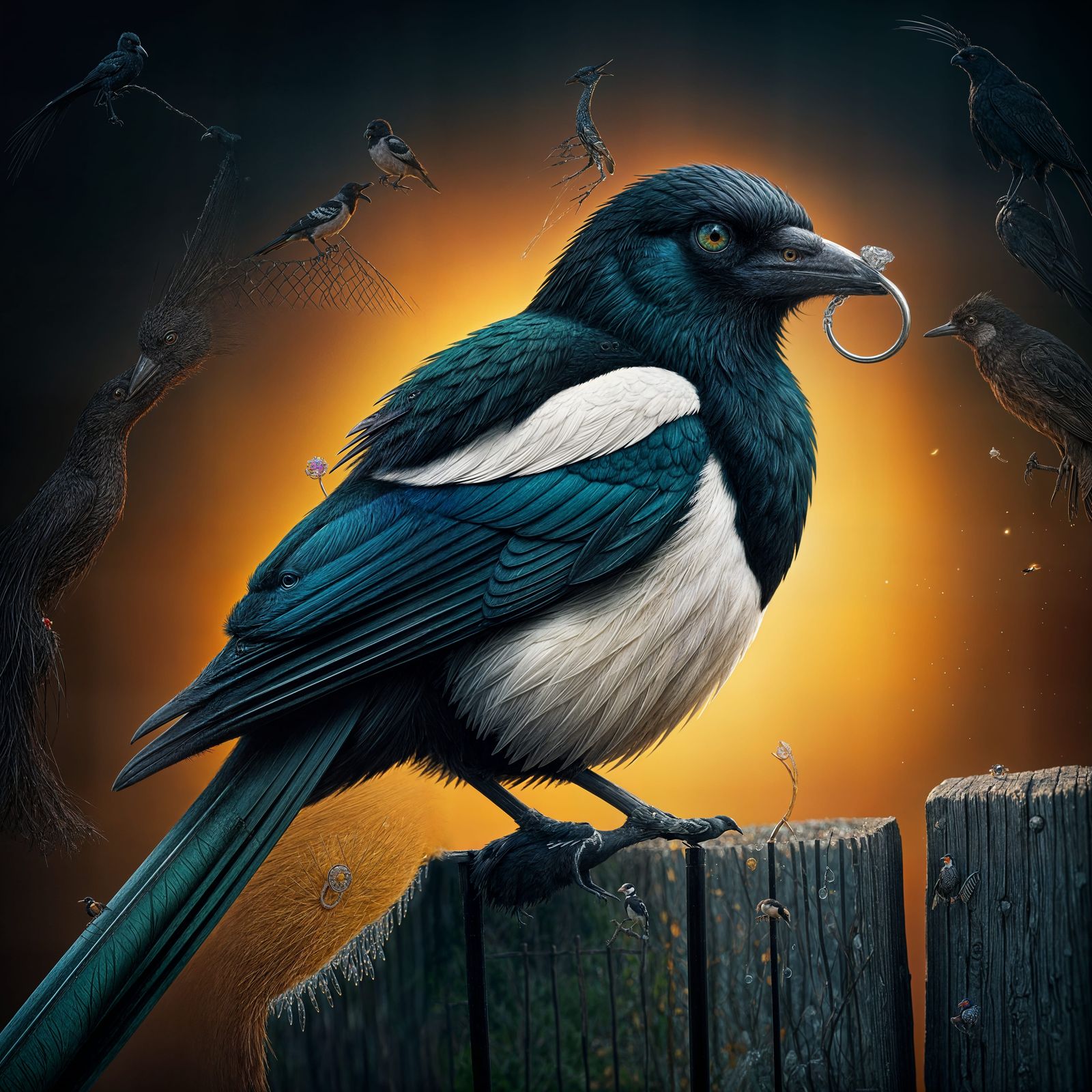 Magpie Steals Diamond Ring: Hyperrealistic Splash Art