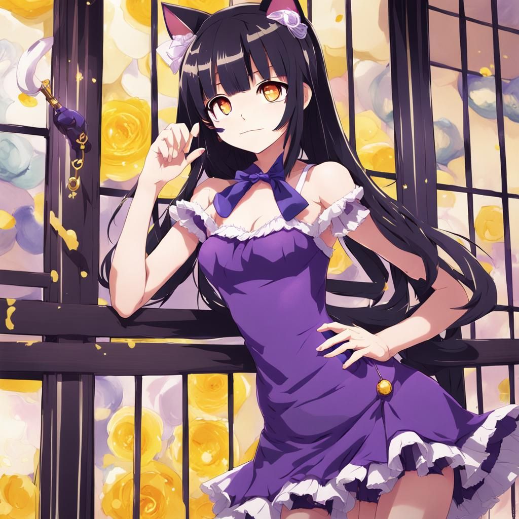 Anime Cat Girl with Voluptuous Body in Purple Dress