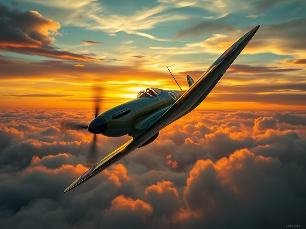 Surreal Spitfire Emerges from Clouds in Golden Hour